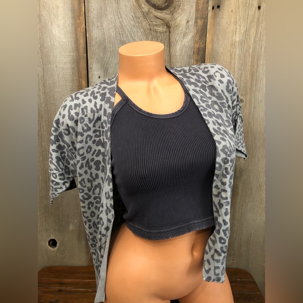 2011 Old Navy Gray Leopard Print Linen Open Cardigan Sweater Size Small Women’s
